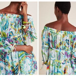 New Maeve Blue and Green Smocked Blouse with Cuffed Sleeves